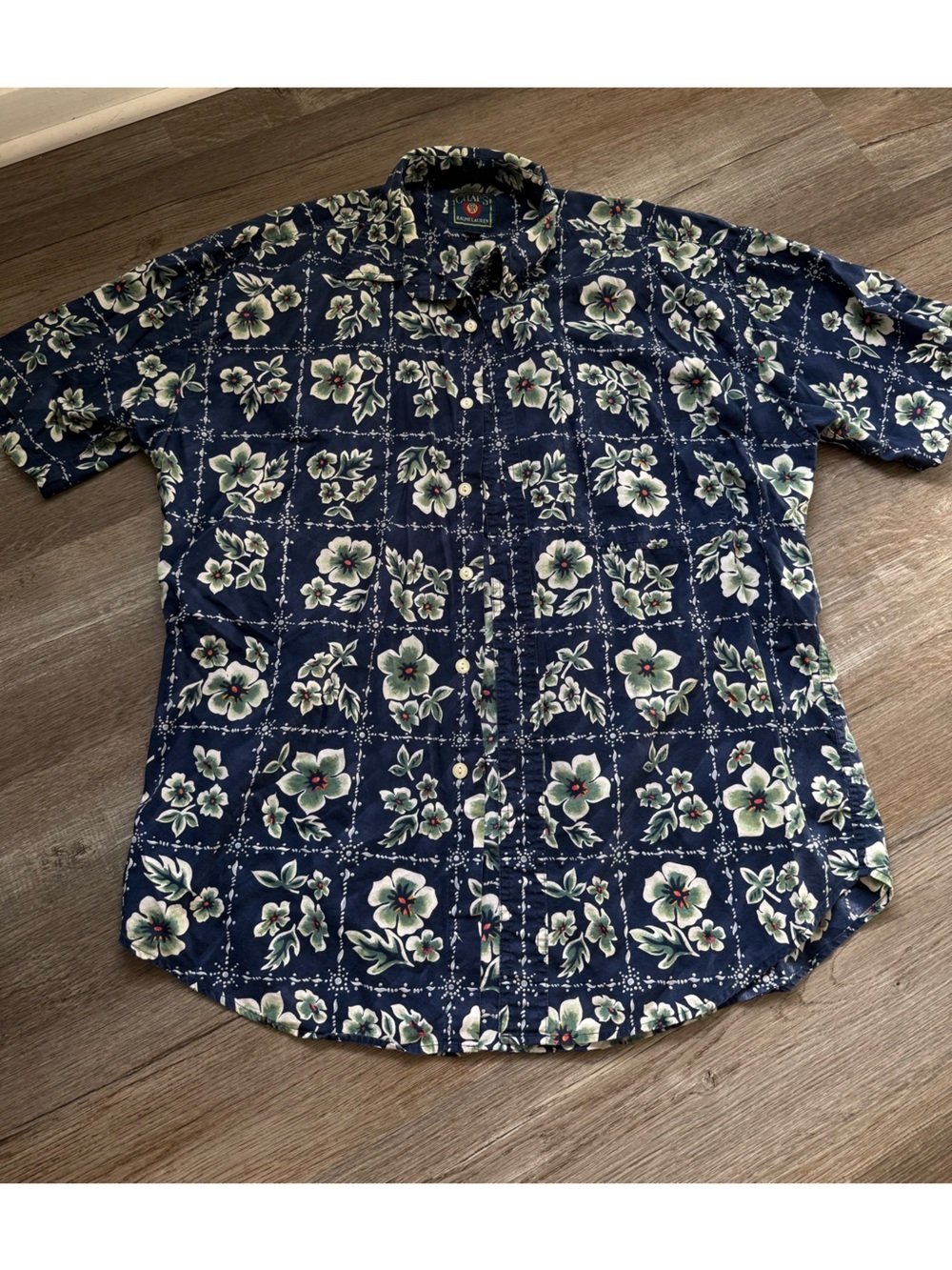 VTG Ralph Lauren Navy Floral Hawaiian Shirt Cotton Button Down Polo Shirt L